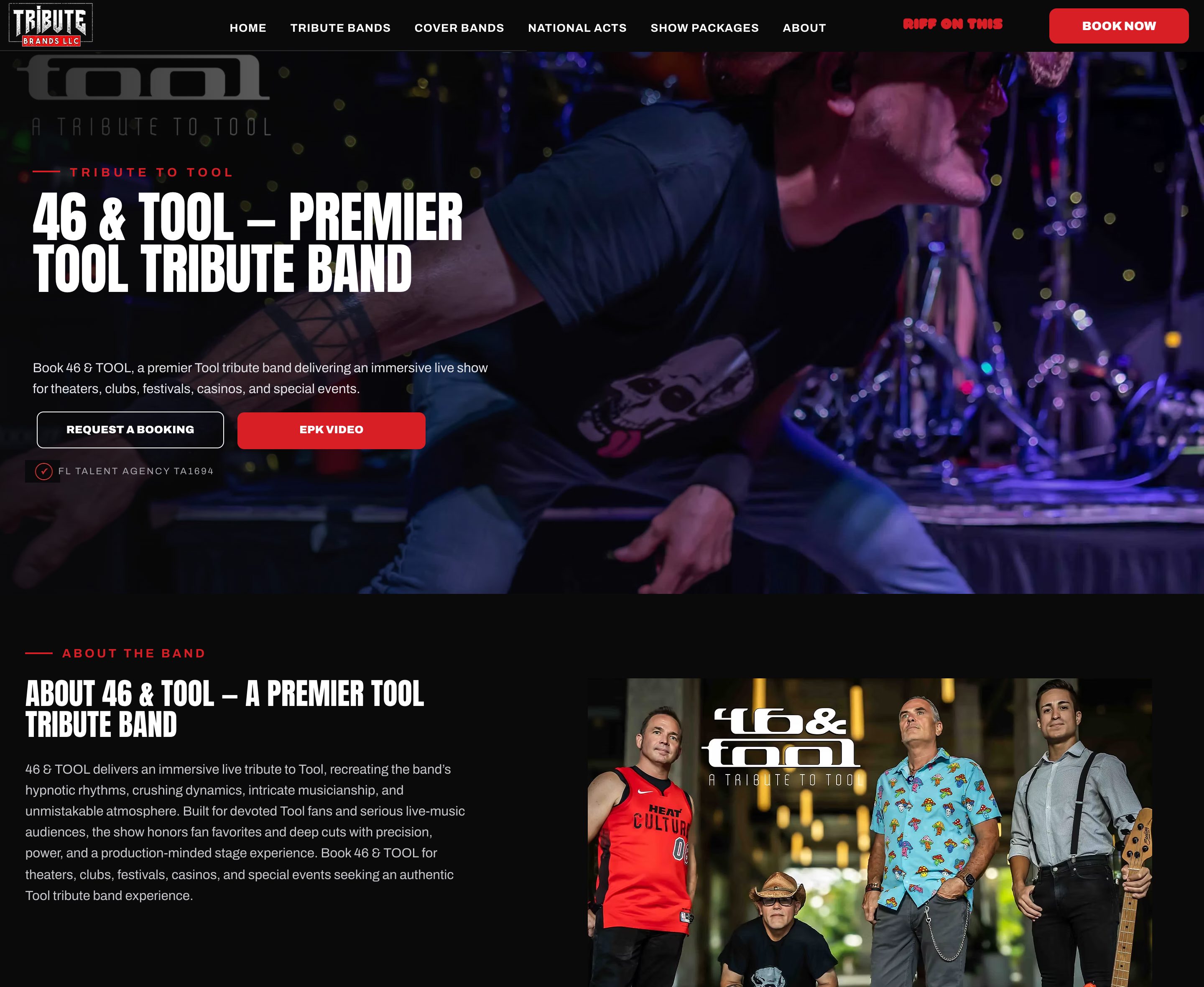 46 & Tool artist page, with the booking request, EPK video, and the band story.