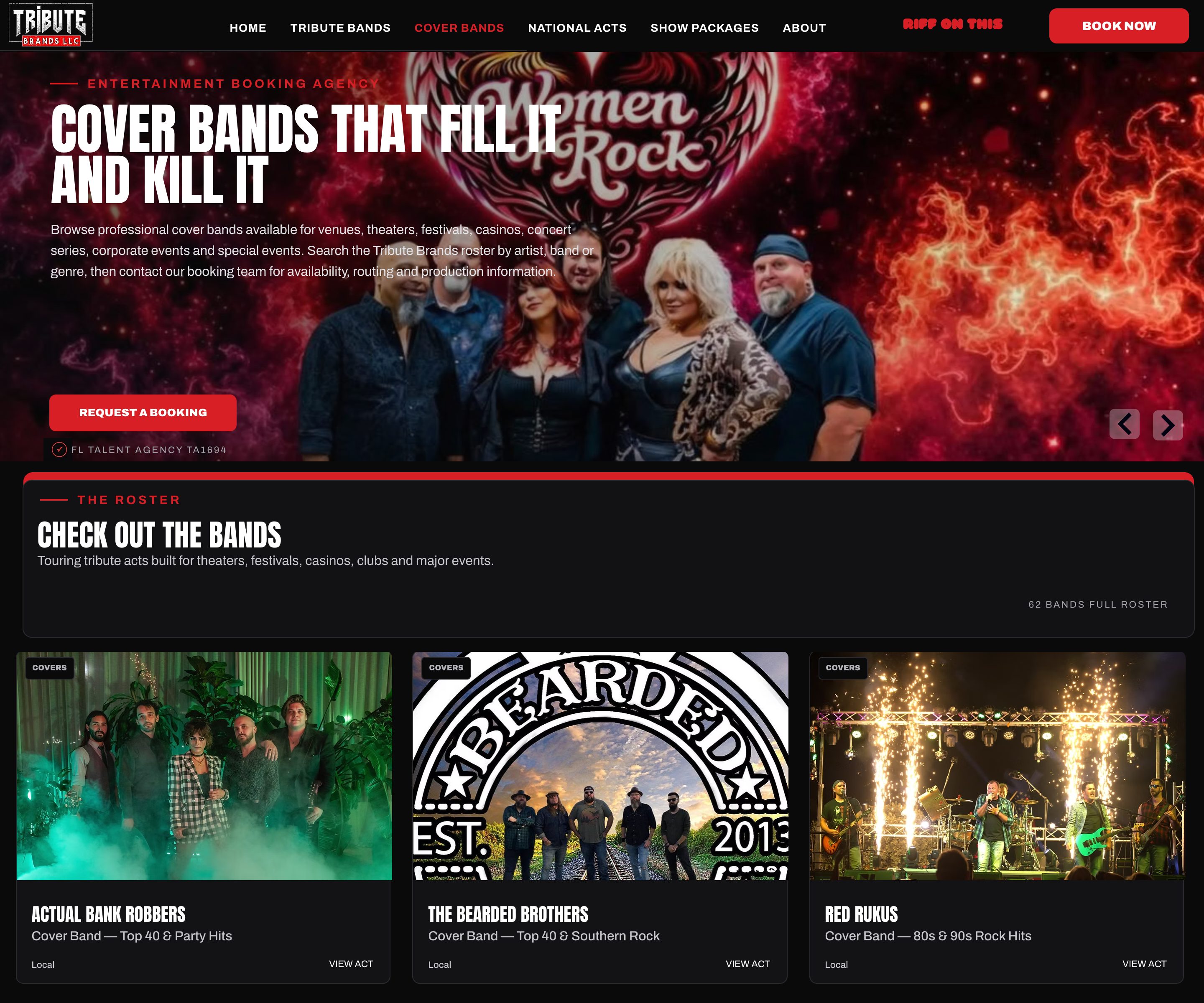 Cover bands index, a separate discovery path from the tribute roster.