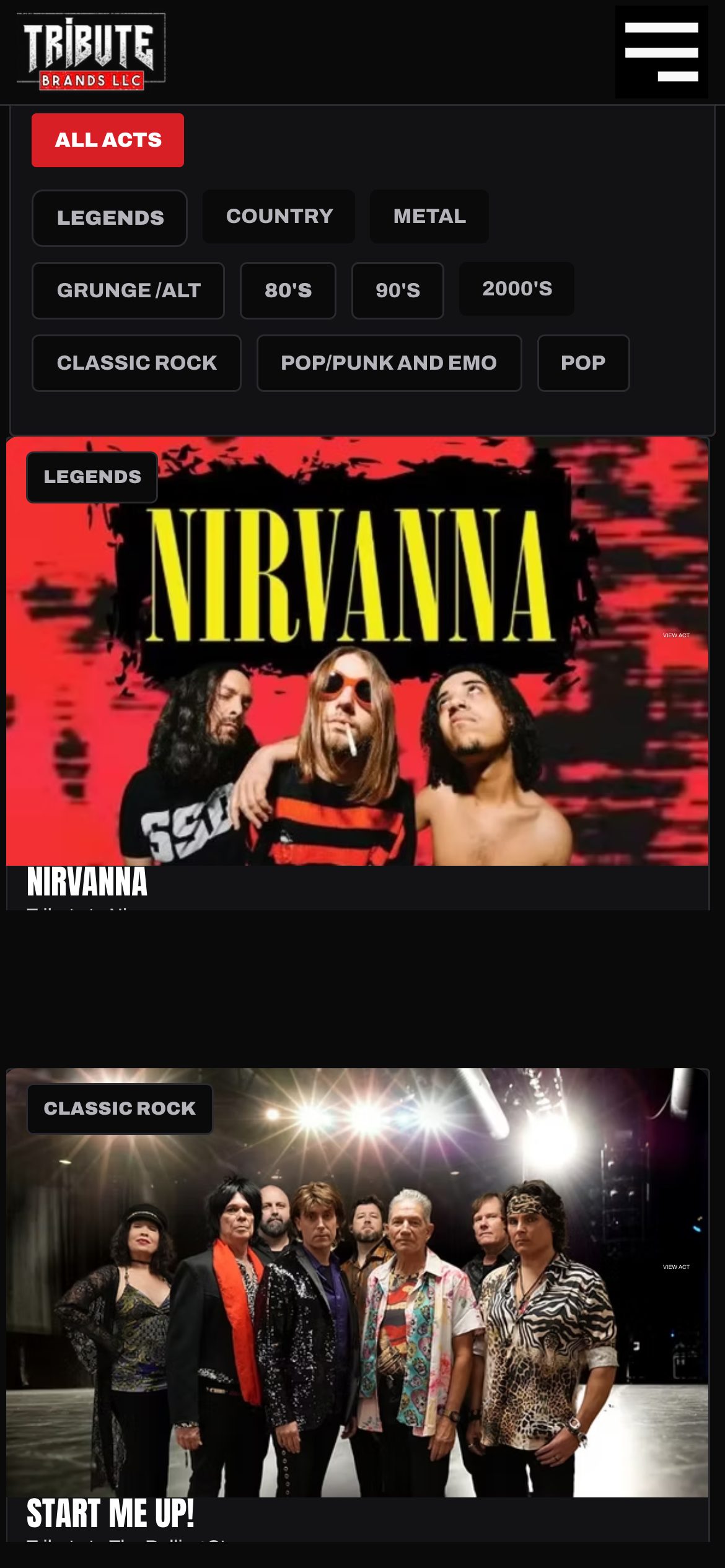 Tribute roster genre filters on a phone, above the act list.