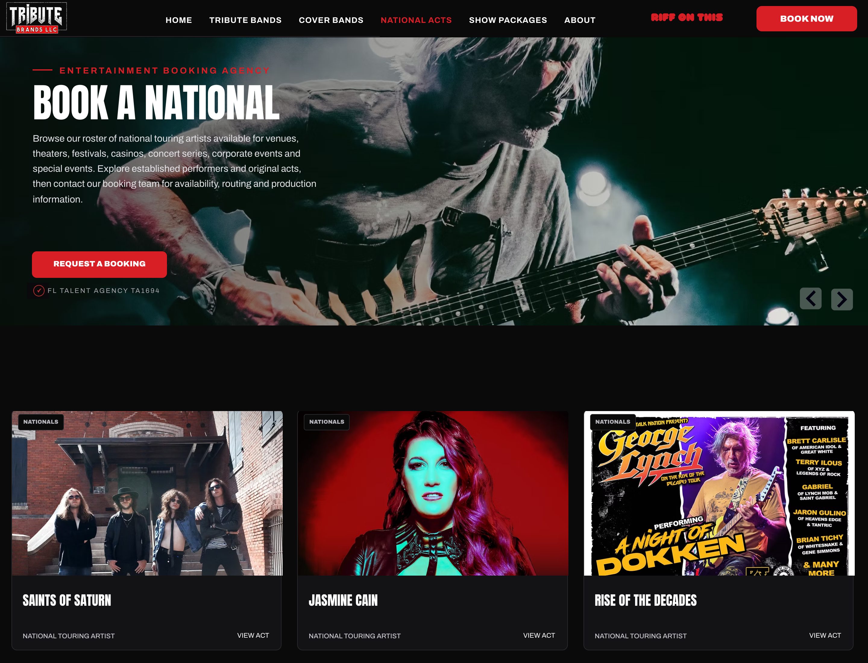 National acts index, including Saints of Saturn, Jasmine Cain, and Rise of the Decades.