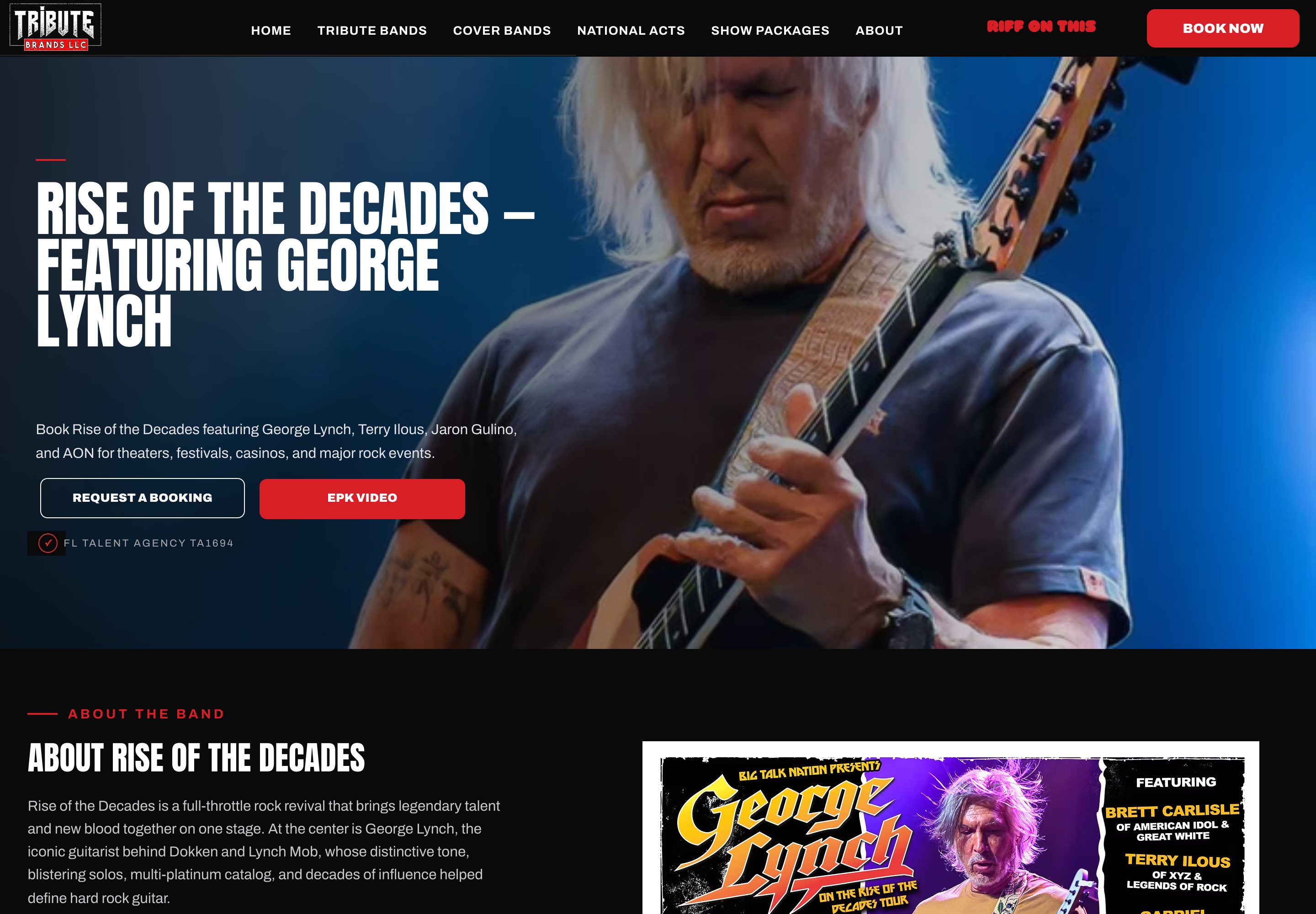 Rise of the Decades page featuring George Lynch, with booking and EPK video.