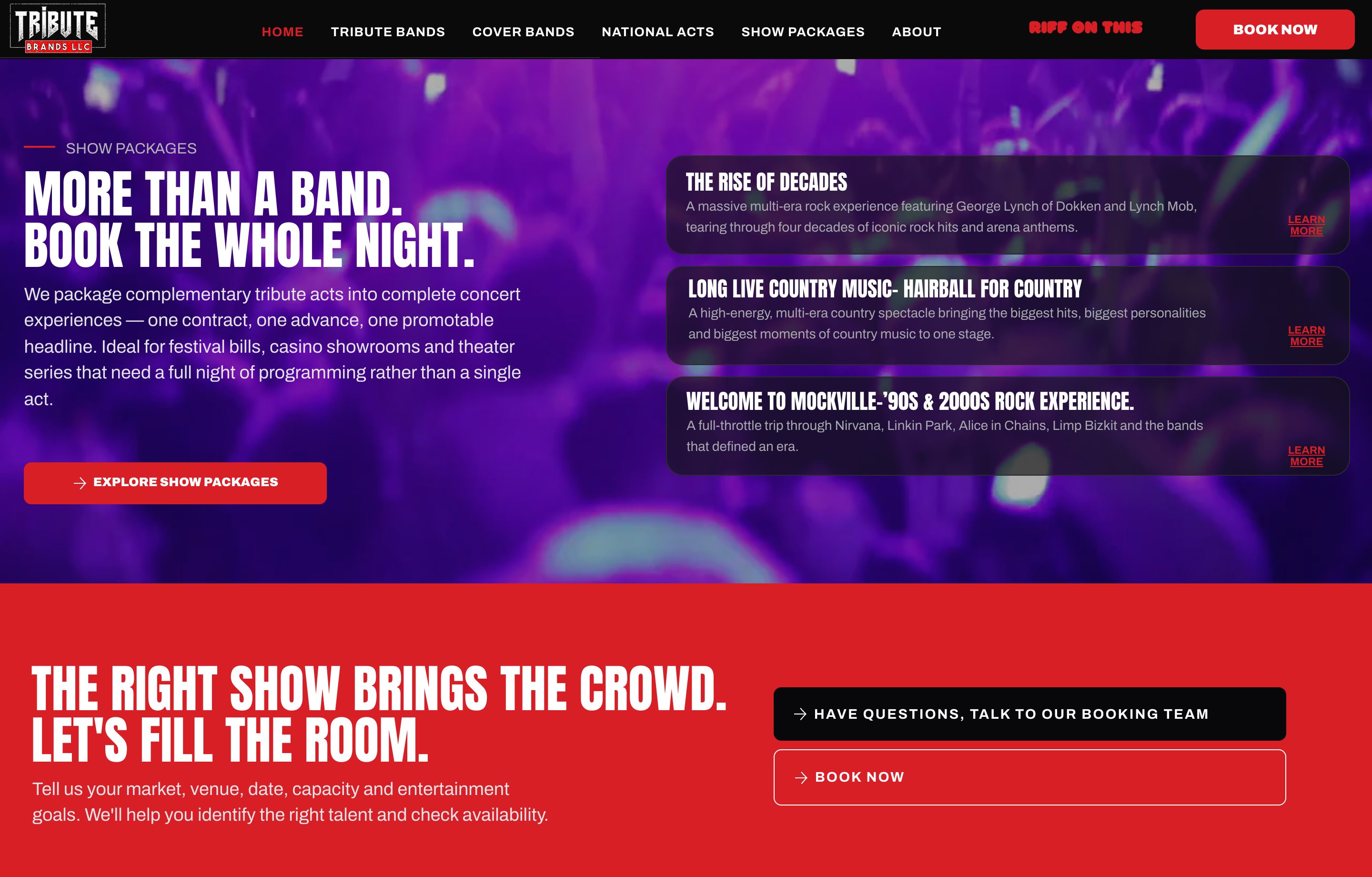 Show packages on the Tribute Brands homepage: Rise of Decades, Long Live Country Music, and Welcome to Mockville.