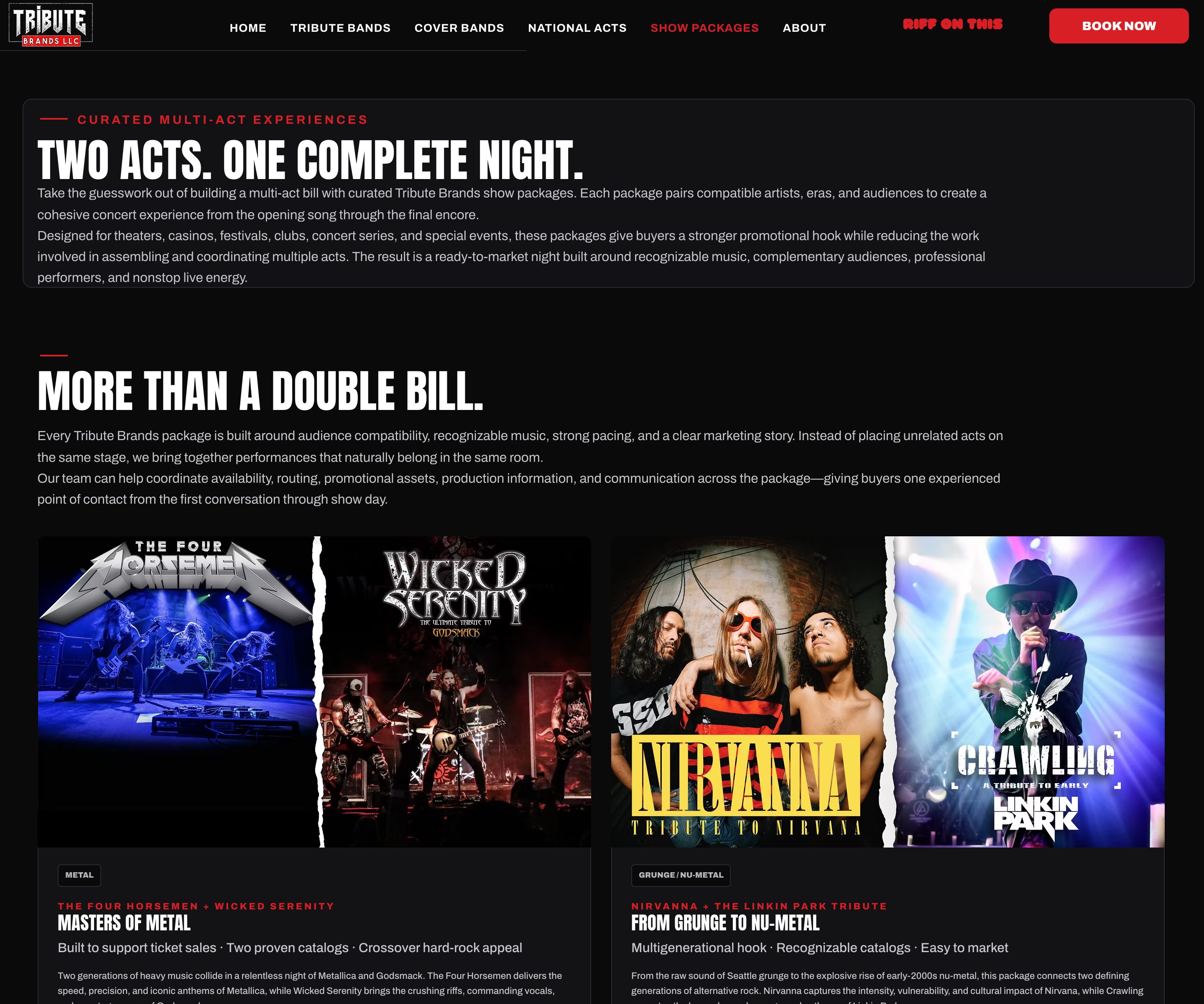 Show packages page pairing compatible acts into one complete night.