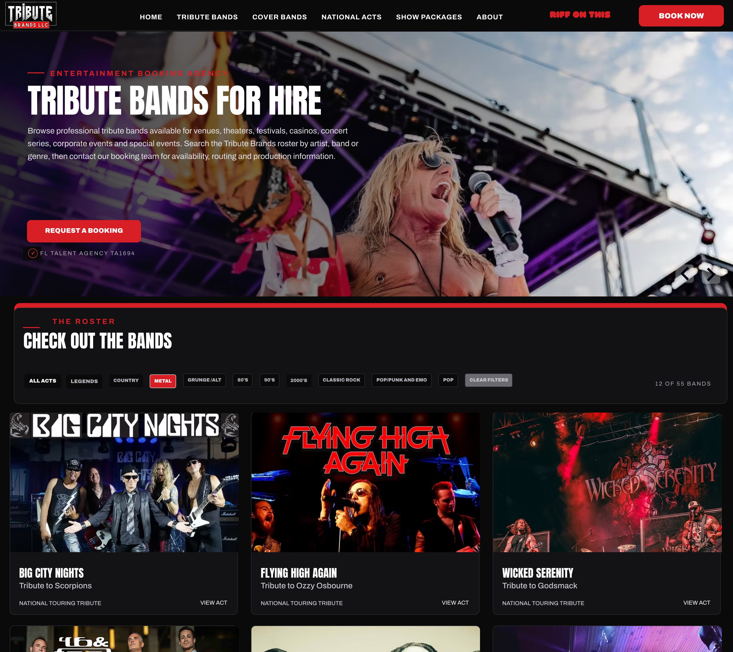 Tribute index with the Metal filter on, showing 12 of 55 bands.