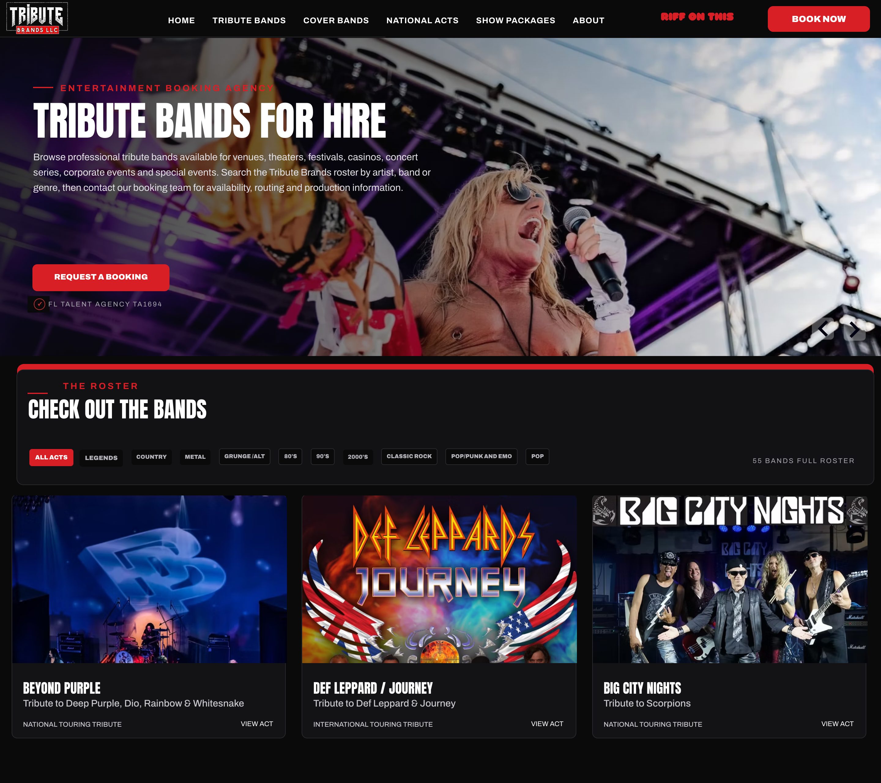 Tribute band index with genre filters and the live roster labeled 55 bands.