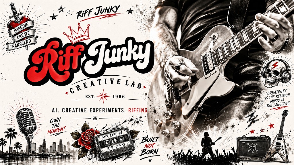 Riff Junky Creative Lab — collage of guitar, performance, and creative identity