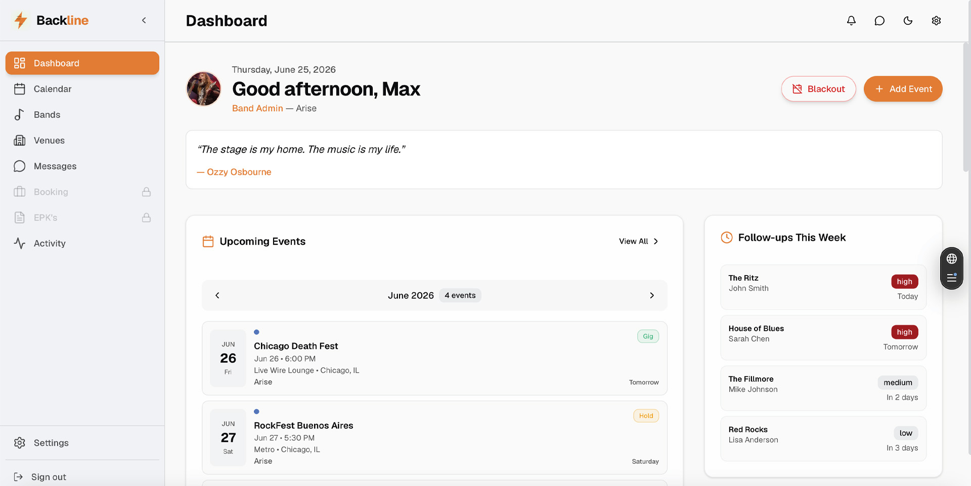 Backline dashboard — upcoming events, follow-ups, and quick actions