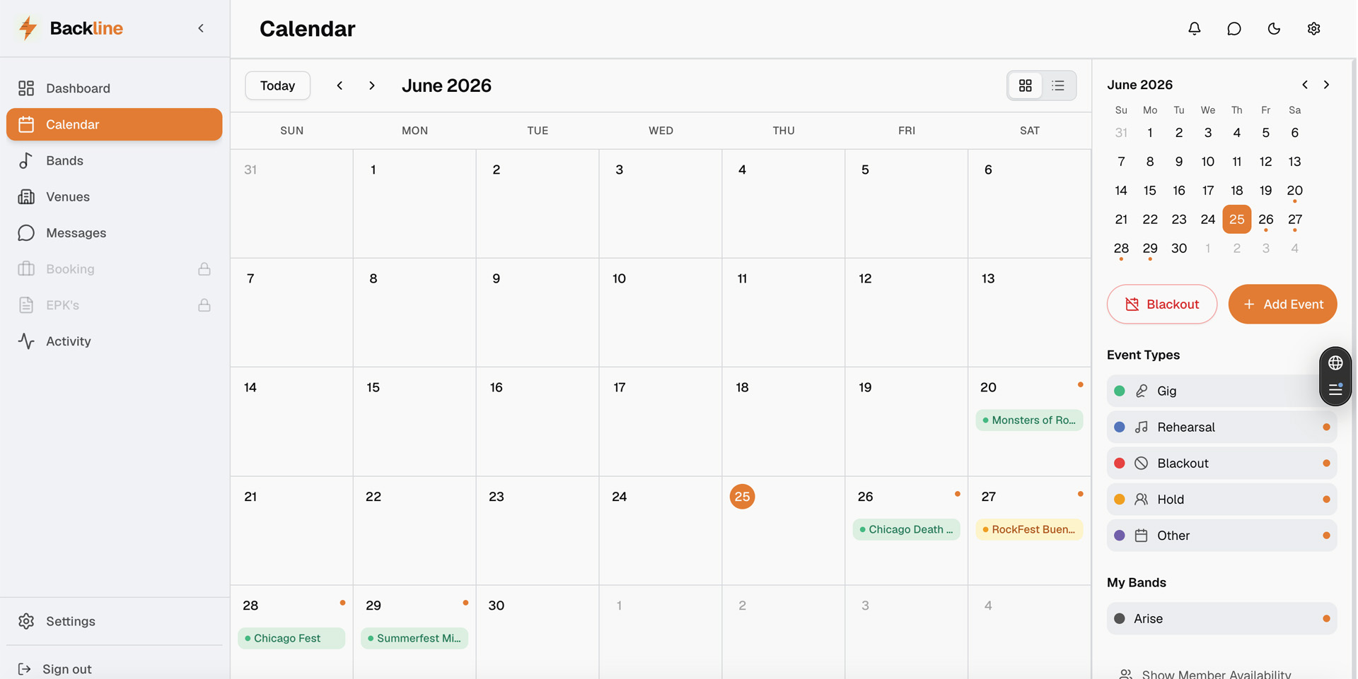 Backline shared calendar — monthly view with gigs, holds, and event types