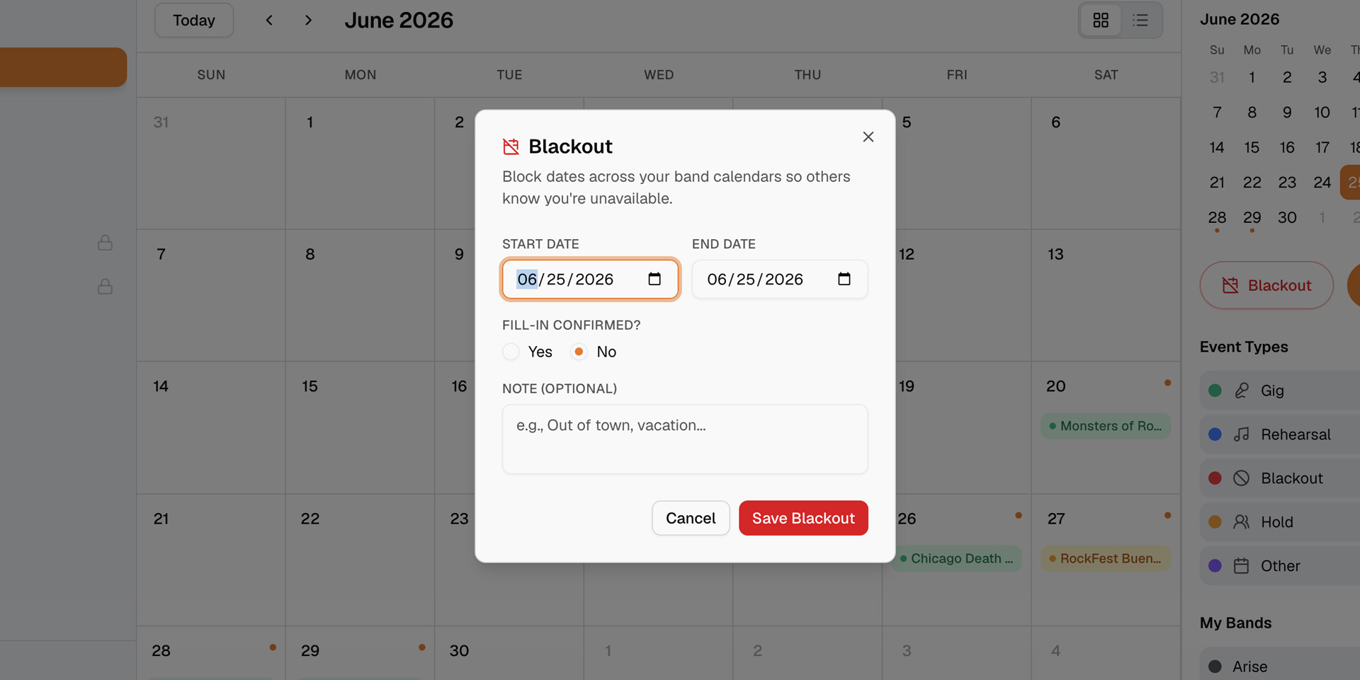 Backline blackout modal — block unavailable dates across band calendars