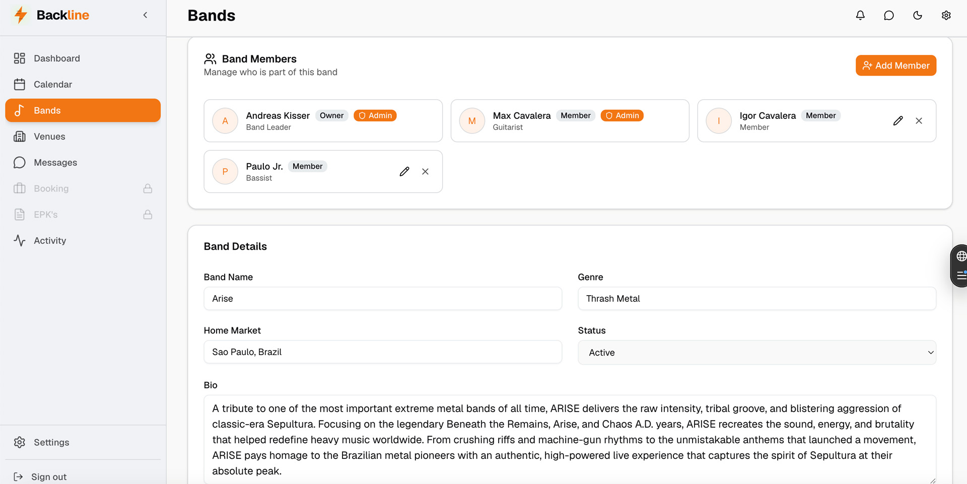 Backline band members — roster management with roles and permissions