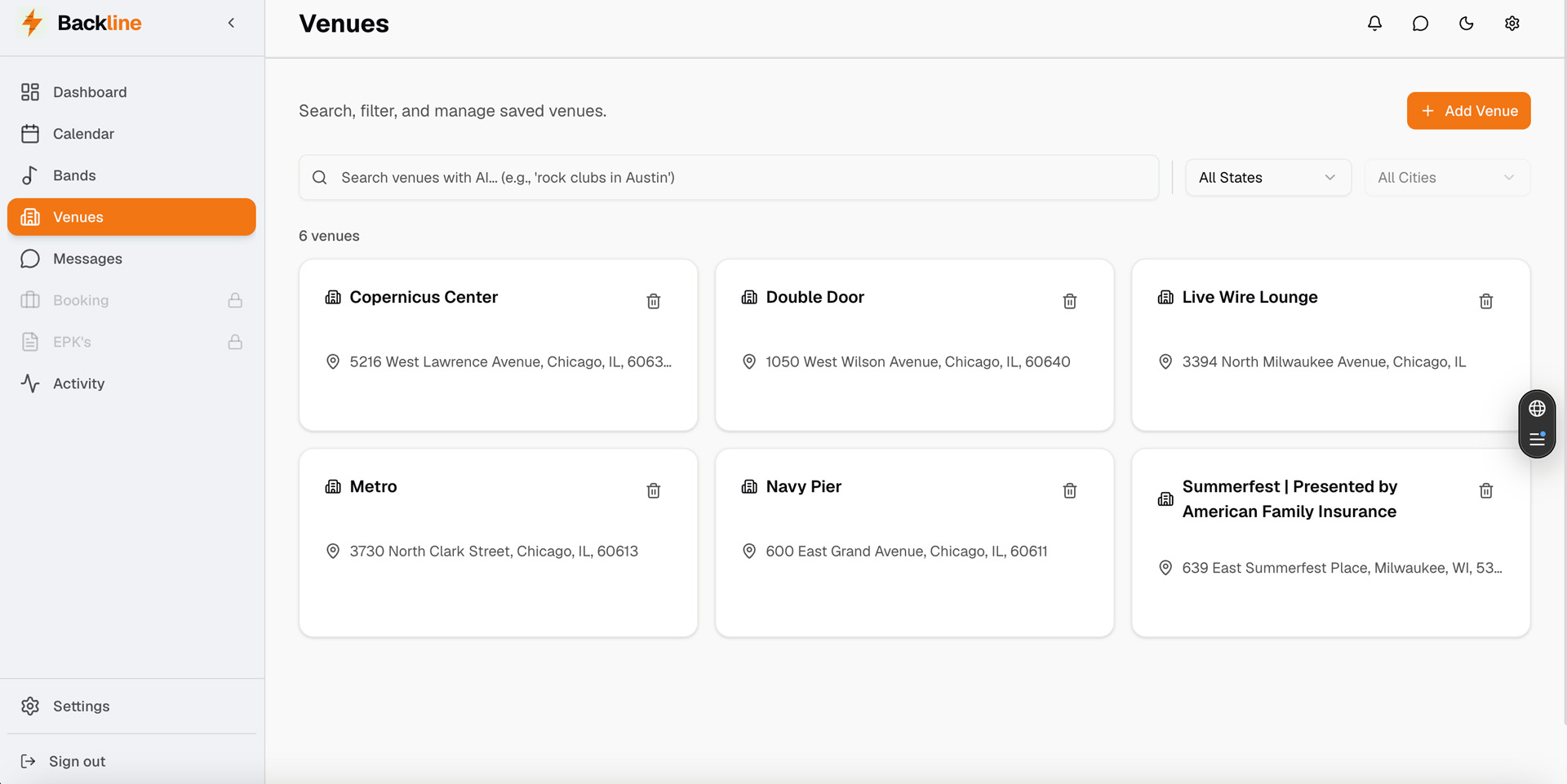 Backline venues — search, filter, and manage saved venue locations