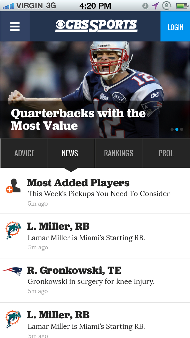 CBS Sports Fantasy — mobile roster management