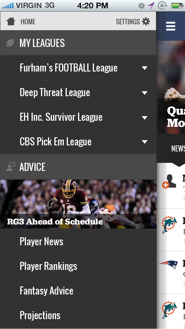 CBS Sports Fantasy — lineup optimization on mobile