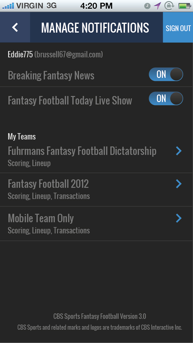 CBS Sports Fantasy — touch-optimized mobile interaction