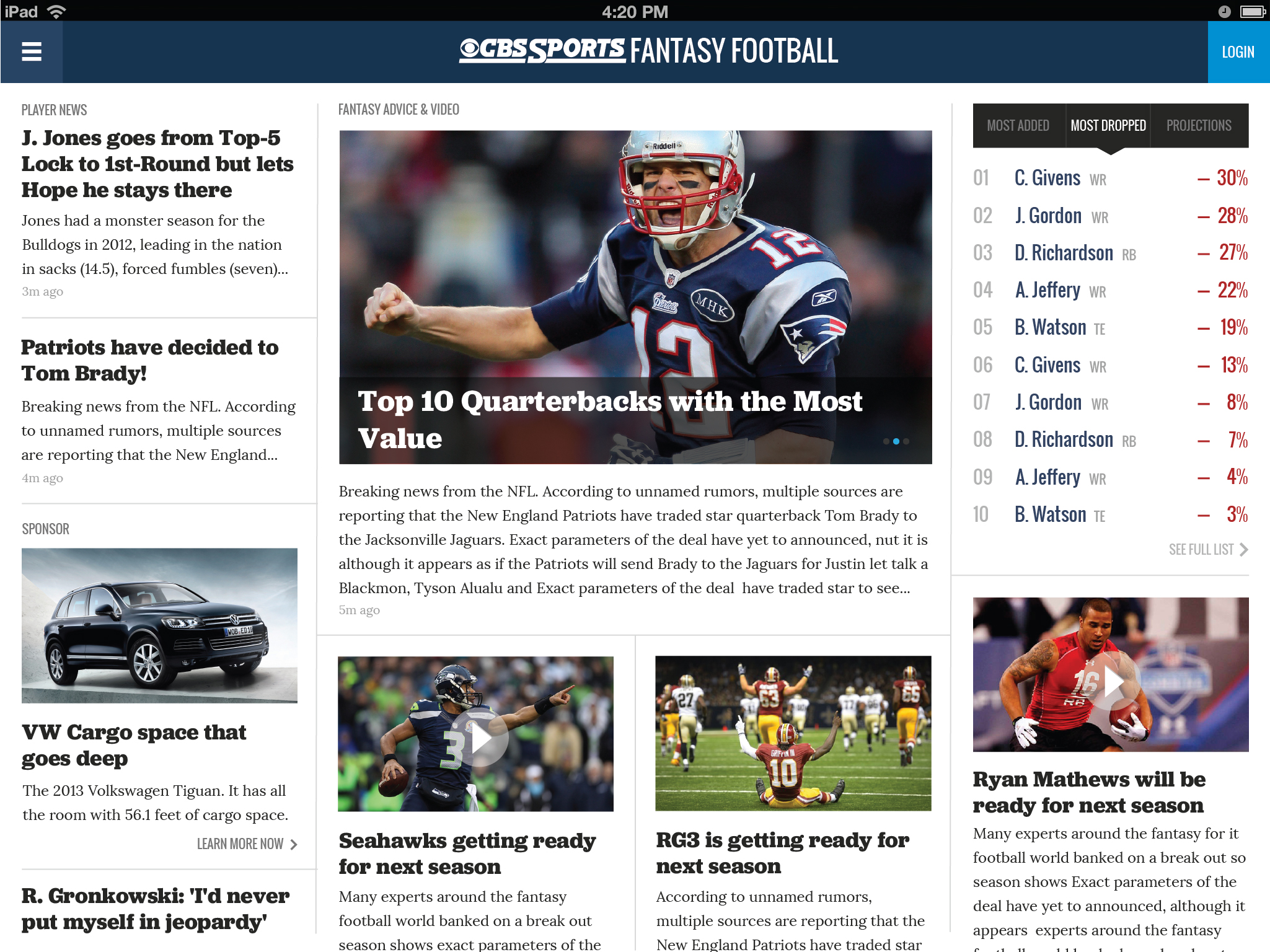 CBS Sports Fantasy — iPad roster management and league administration