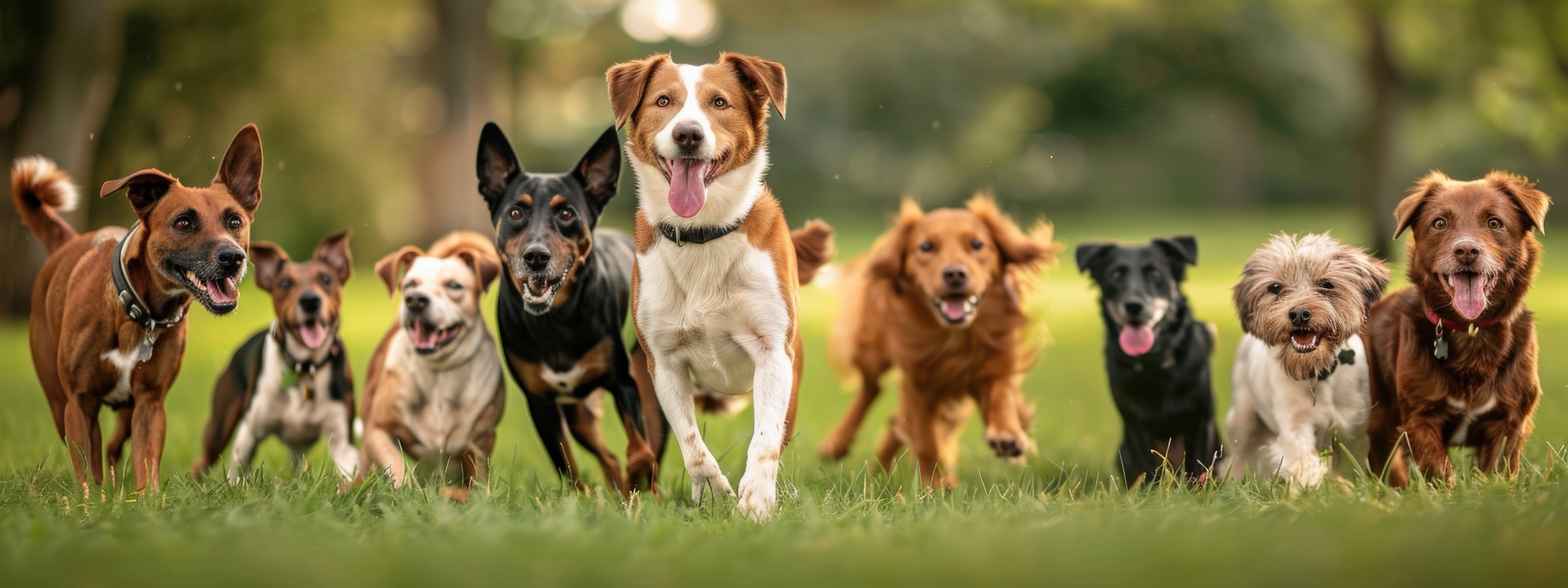 A group of dogs running across a park lawn.