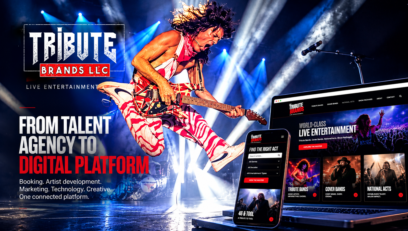 Tribute Brands case-study hero: the agency logo, an airborne guitarist, From talent agency to digital platform, and the booking platform on a laptop and phone.